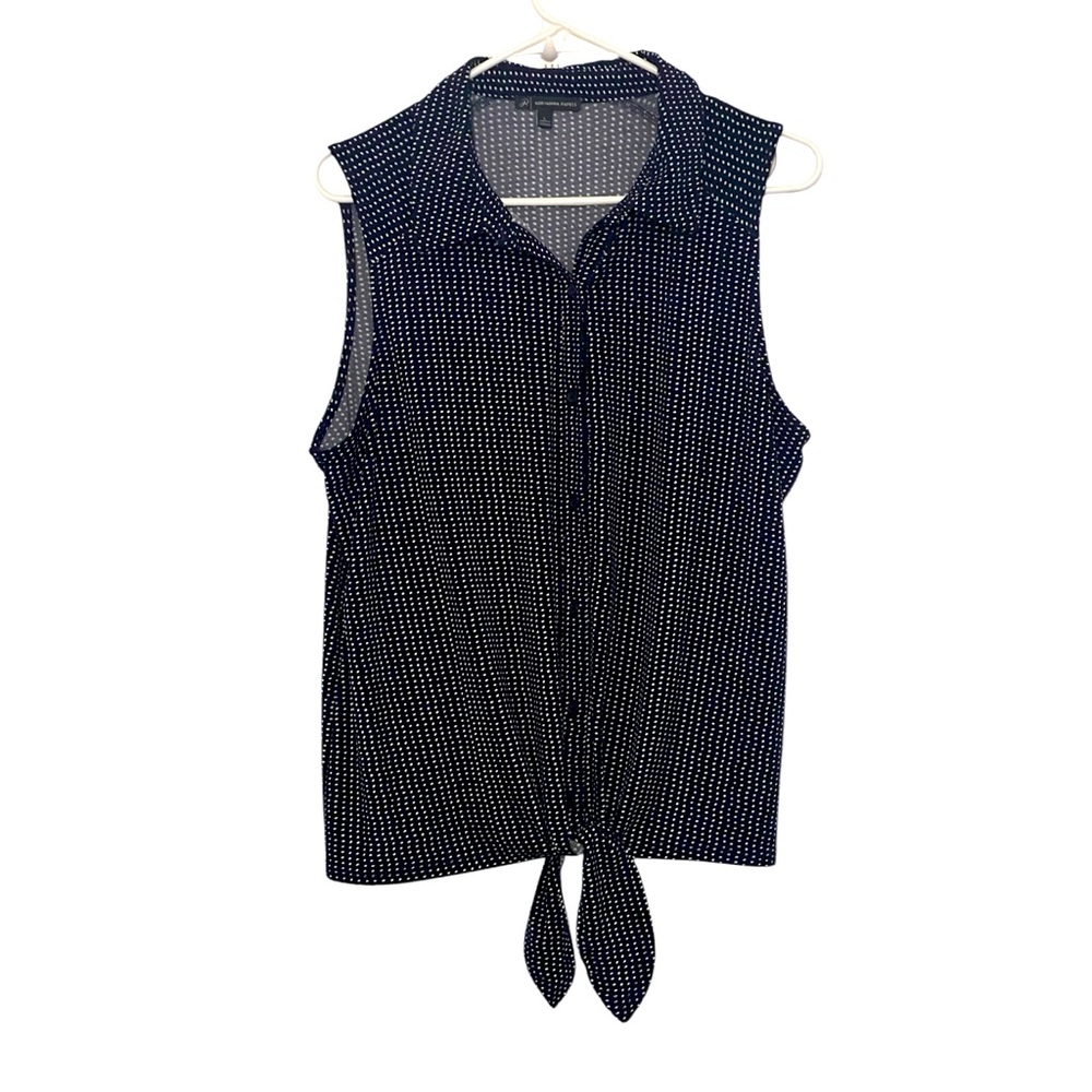Adriana Papell Polka Dot Navy Blue Sleeveless Button Down Blouse Size Large